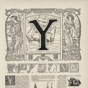 Calligraphie Lettre Y Gravure originale ancienne 1920 Scrapbooking