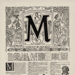 Caligrafia Letra M Original grabado antiguo 1920 Scrapbooking
