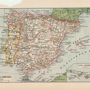 Carte de l'Espagne et Portugal Gravure originale ancienne 1920