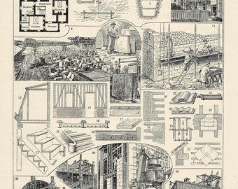 The construction of the modern house - Architecture - Original old engraving 1920 decoration