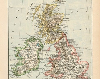Map of England and Ireland Original old engraving 1920