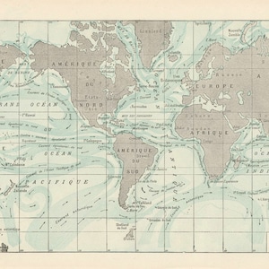 Carte des mers et des océans courants  Gravure originale ancienne 1920