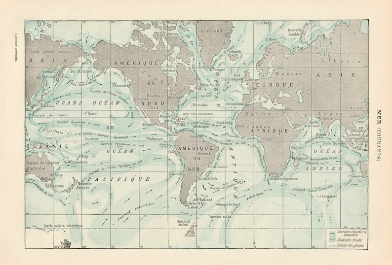 Map of current seas and oceans Original old engraving 1920 image 1