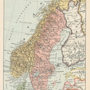 Carte de la Scandinavie Gravure originale ancienne 1920