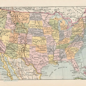 Carte des États Unis d'Amérique Gravure originale ancienne 1920