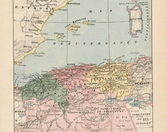 Map of Algeria Original old engraving 1920