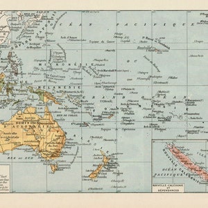 Carte de l'océanie Australie Nouvelle Calédonie Gravure originale ancienne 1920