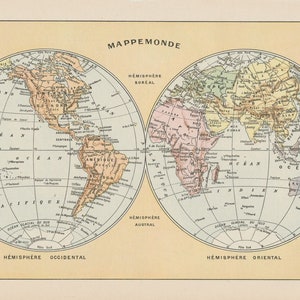 Mappemonde carte du monde   Gravure originale ancienne 1920