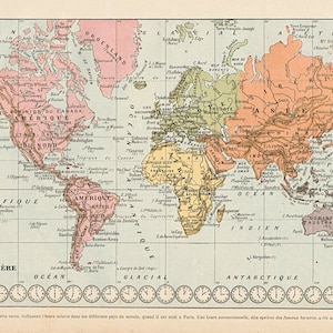 Planisphère carte du monde  Gravure originale ancienne 1920