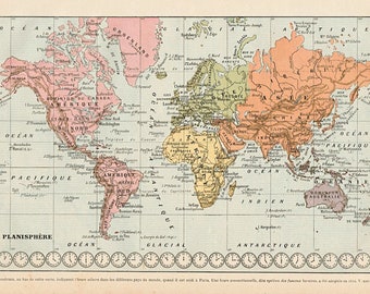 Planisphere world map Original old engraving 1920