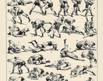 The fight Original antique engraving 1920 decoration -