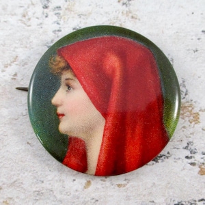 Vintage Celluloid Cigarette Advertising Womans Portrait Pinback
