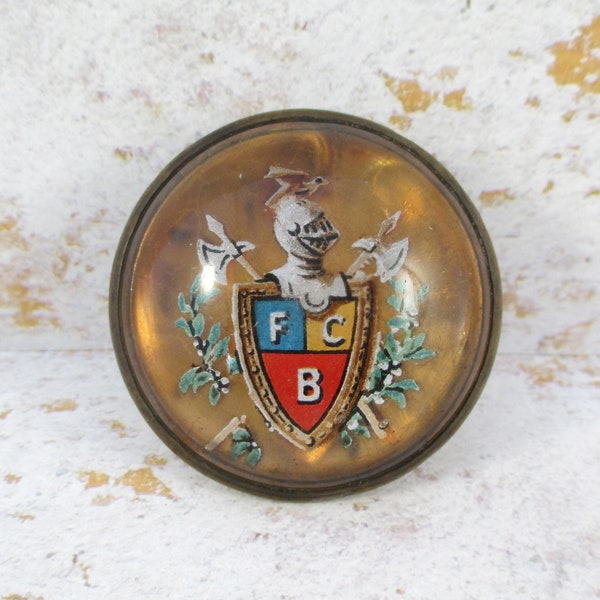 Vintage Antique Knight / Coat of Arms Horse Bridle Rosette - Domed Glass and Brass