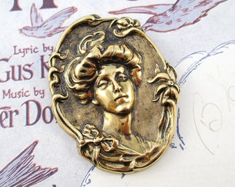 Vintage Brass Art Nouveau Styled Lady Brooch