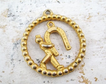 Vintage Good Luck Man Holding Horseshoe Pendant