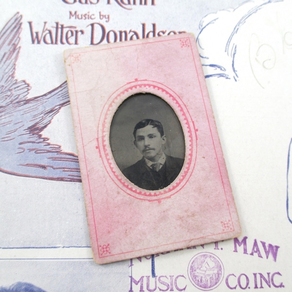 Antique Gem Tintype Photo - Young Man With a Mustache - A. Edelman