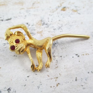 Little Vintage Monkey Pin - Flexible Tail, Rhinestone Eyes