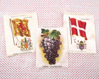 Three Vintage Nebo Cigarettes Silks - Flags of Denmark, Scotland and Grapes