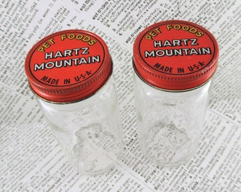 Pair of Vintage Hartz Mountain Pet / Bird Foods Glass Jars