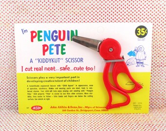 Pair of Vintage Penguin Pete Kiddykut Scissors - New Old Stock - Original Card