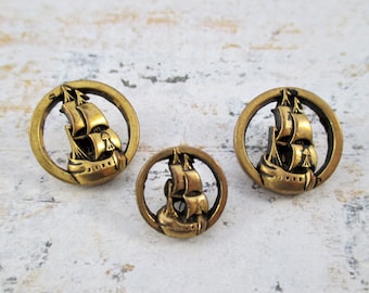 Three Vintage Brass Toned Tall Ship Buttons