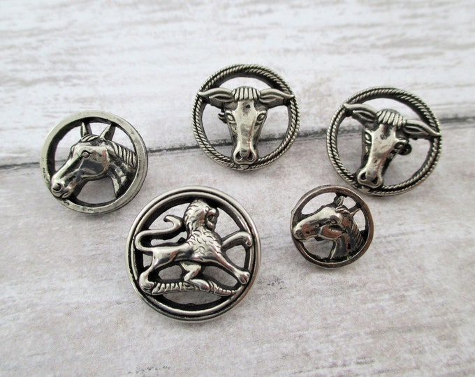 Five Vintage Silver Toned Buttons - Horse, Bull, Lion - Etsy
