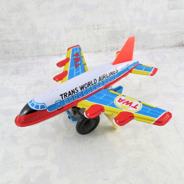 Vintage Tin Litho and Plastic Wind Up Trans World Airlines Airplane - Made in Japan