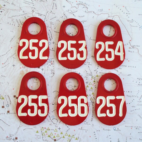 Set of Six Doublesided Red Vintage Cow Tags