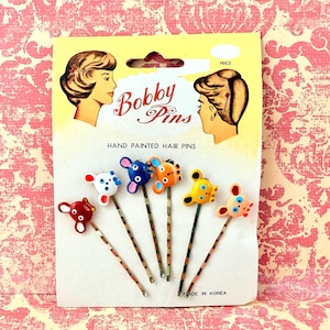 Vintage Card of Six Hand Painted Animal Bobby Pins - Made in Korea