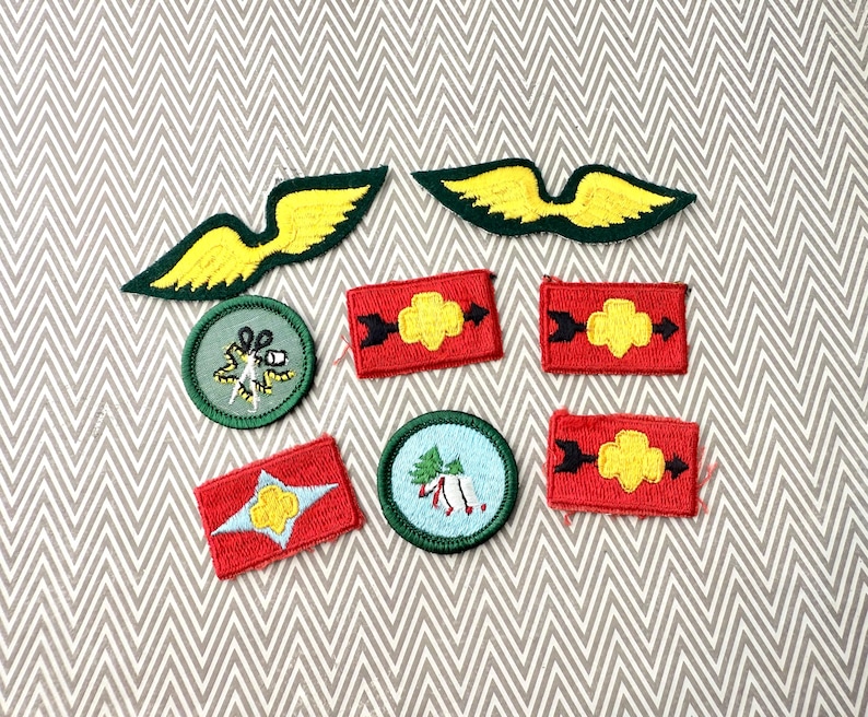 May include: A collection of embroidered patches in various shapes and colors. Includes two yellow and green wing-shaped patches, several red rectangular patches with yellow and black designs, and two circular patches with green and blue backgrounds.