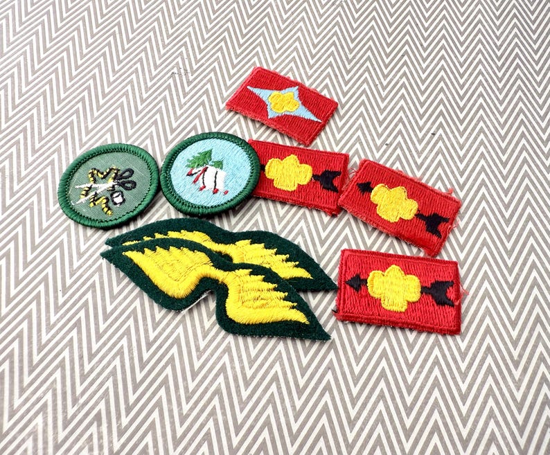 May include: A collection of embroidered patches in various shapes and designs. Includes round green patches with insect and tree motifs, red rectangular patches with yellow and black designs, and green and yellow wing-shaped patches.