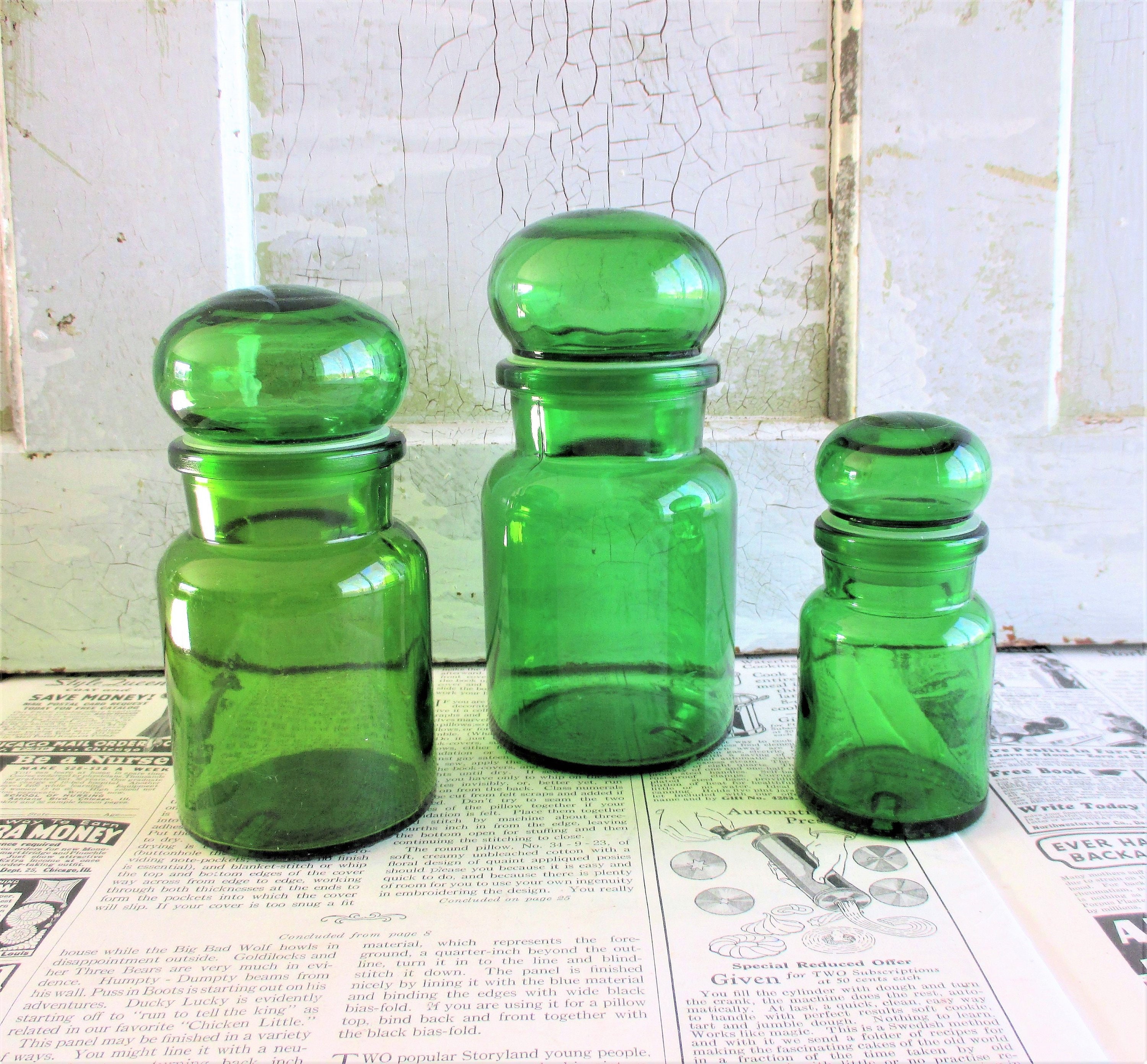 Set of Three Belgian Green Glass Bubble Lid Storage Jars Etsy