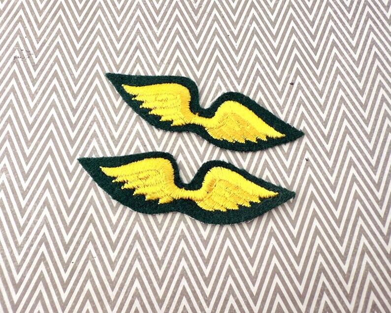 May include: Two embroidered patches in the shape of wings. The wings are yellow with a dark green border. The patches are on a gray and white chevron patterned background.
