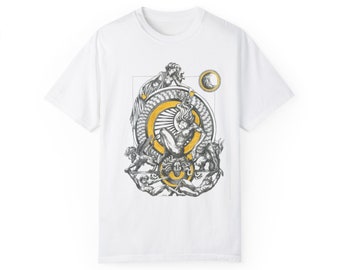 Medusa Atalante T-Shirt Mythologisches Geschenk Arte Geschenke Kunstvolle Kunstgeschenke Line Art Handgezeichnetes T-Shirt Griechische Kleidung Unisex Stückgefärbtes T-Shirt