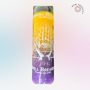 May include: A purple, yellow, and green candle with a white hand and eye design. The candle says "Contra Hechizo" and "Spell Breaker" with the text "Para retirar hechizos" and "To remove any spells".