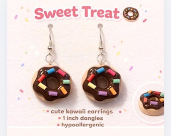 Chocolate Sprinkle Donut Earrings – Kawaii Polymer Clay Dessert Jewelry, Cute Food Dangles, 1” Hypoallergenic Gift