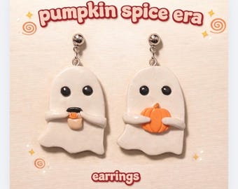 Pumpkin Spice Ghost Earrings | Cute Spooky Polymer Clay Earrings | Fall Coffee & Pumpkin Jewelry | Cozy Halloween Earrings Gift