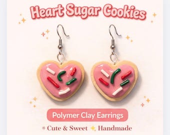 Heart Sugar Cookie Earrings | Pink Sprinkle Cookie Earrings | Polymer Clay Dessert Jewelry | Cute Valentine Earrings | Sweet Treat Earrings