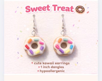 Vanilla Sprinkle Donut Earrings – Kawaii Polymer Clay Dessert Jewelry, Cute Food Dangles, 1” Hypoallergenic Gift