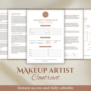 May include: A printable makeup artist contract template with sections for client information, services, pricing, and terms and conditions. The contract is designed to be easily customized and includes a space for the makeup artist's signature.