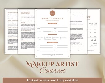 May include: A printable makeup artist contract template with sections for client information, services, pricing, and terms and conditions. The contract is designed to be easily customized and includes a space for the makeup artist's signature.