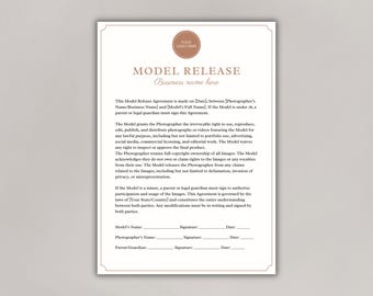 Model Release Form Template for Photography Canva, Minor Model Release Contract Editable Contract for Photographers Printable & Digital