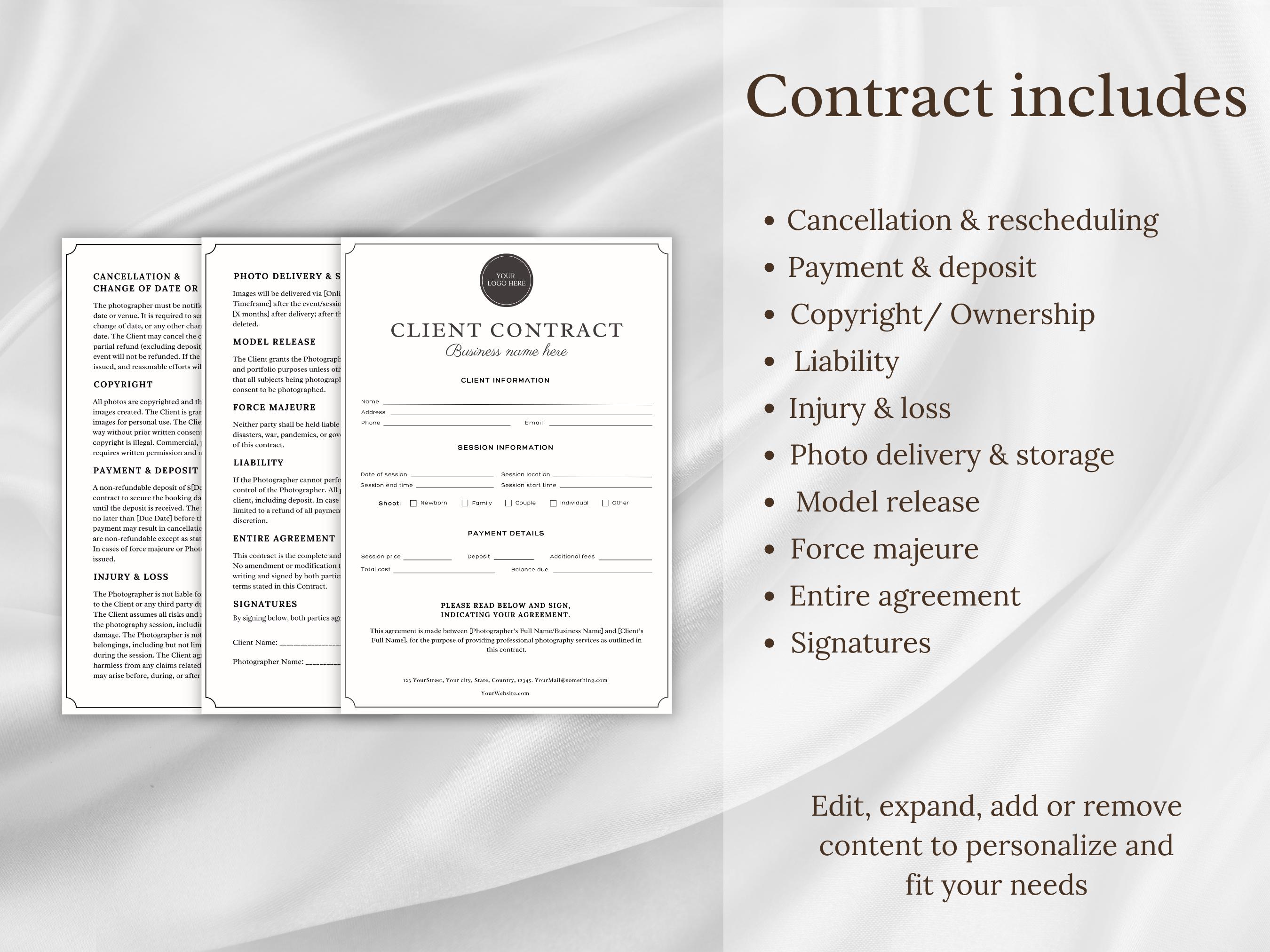 Client Contract Form Minimal Photography Contract Template, Client Contract Form Editable ...