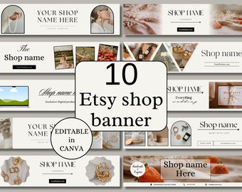 Puede incluir: Una colección de 10 banners de tienda Etsy editables con varios temas y diseños. Los banners incluyen imágenes de joyas, velas, flores y otros productos. El texto "10 Etsy shop banner" y "Editable in Canva" se muestra en la imagen.