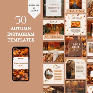 Op de afbeelding: Een set van 50 bewerkbare Instagram-sjablonen met herfstthema's. De sjablonen bevatten afbeeldingen van herfstbladeren, pompoenen en andere seizoensgebonden elementen. De tekst "50 Herfst Instagram-sjablonen" wordt weergegeven in groot, vetgedrukt lettertype.