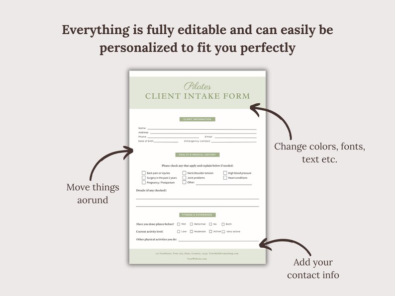 Pilates Client Intake Form Template for Pilates Studio, Pilates