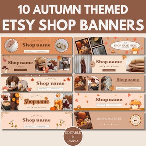 Puede incluir: Diez banners de tienda Etsy editables con temática otoñal. Los banners presentan imágenes de calabazas, hojas de otoño, velas y otros elementos otoñales. El texto "Nombre de la tienda" está incluido en cada banner.