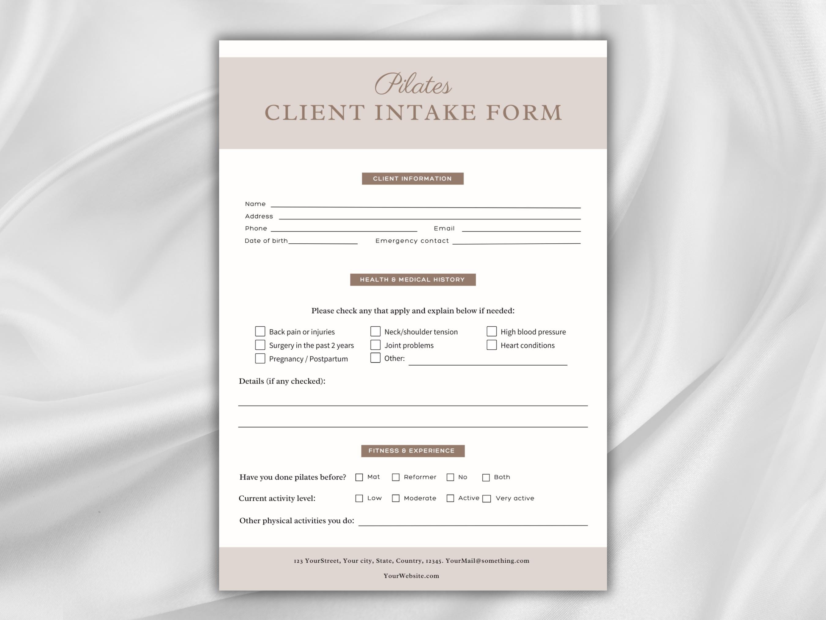 Pilates Client Intake Form Template for Pilates Instructors, Pilates