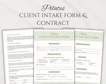 Plantilla de formulario de admisión de clientes de Pilates para estudio de Pilates, plantilla de contrato de instructor de Pilates, plantillas de Pilates verdes de Canva, Reformer de Pilates