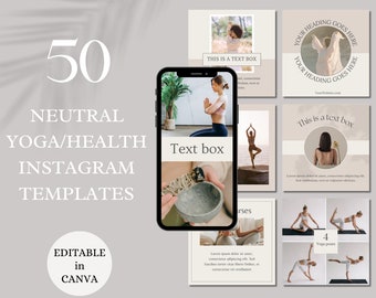 Può includere: 50 modelli Instagram in tonalità neutre per aziende di yoga e salute. I modelli sono modificabili in Canva e presentano immagini di persone che eseguono pose di yoga, caselle di testo e una citazione sul yoga.